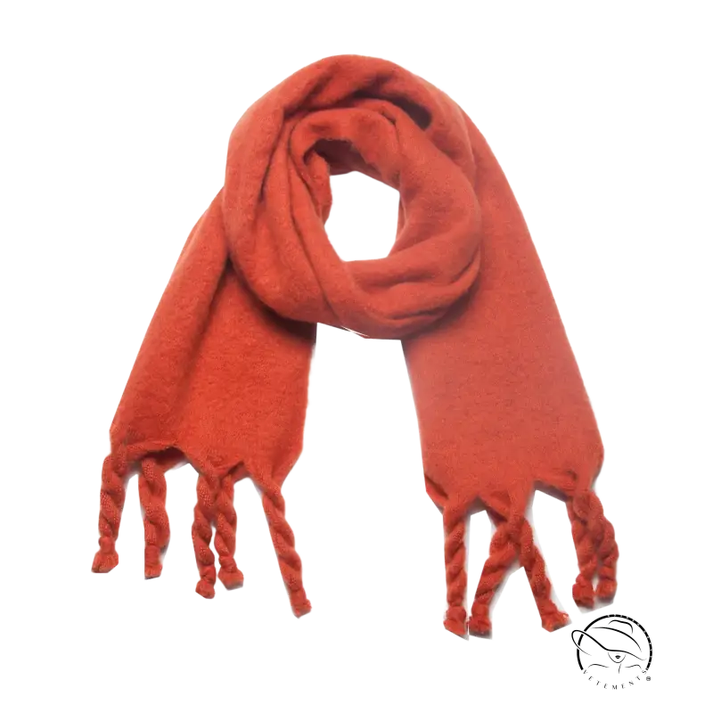 Orange knitted wool scarf with tassels, perfect for winter wear and stylish warmth