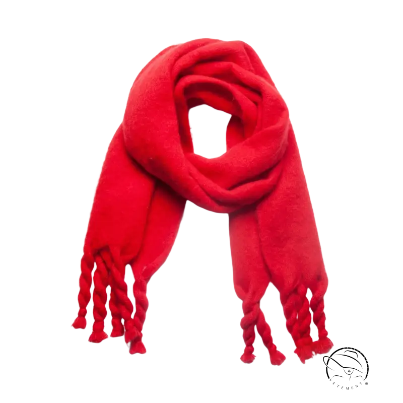 Red wool scarf with braided tassels, perfect for winter wear and stylish shawl options