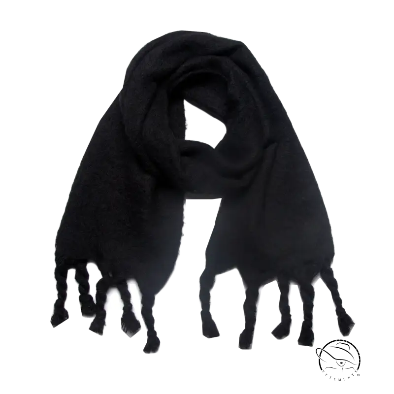 Black fringed wool scarf perfect for winter wear, enhancing style and warmth