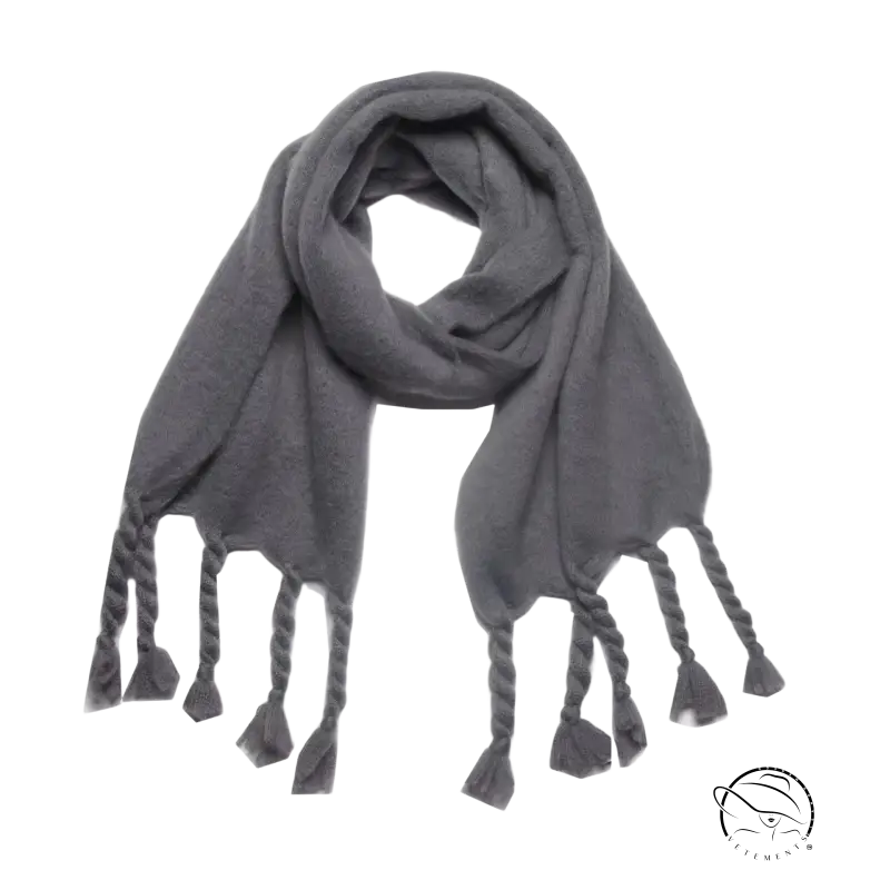 Gray wool scarf with braided tassels, perfect for winter wear and stylish shawl layering
