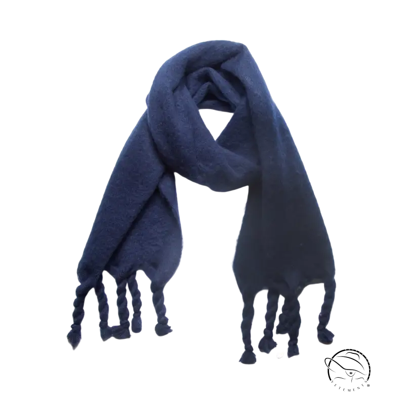 Navy blue knit wool scarf with tassels, perfect for winter shawl wear