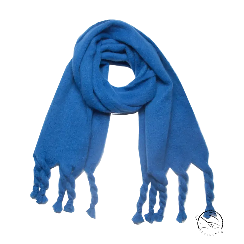 Blue braided tassel scarf as part of the Fringed Wool Scarf for winter wear
