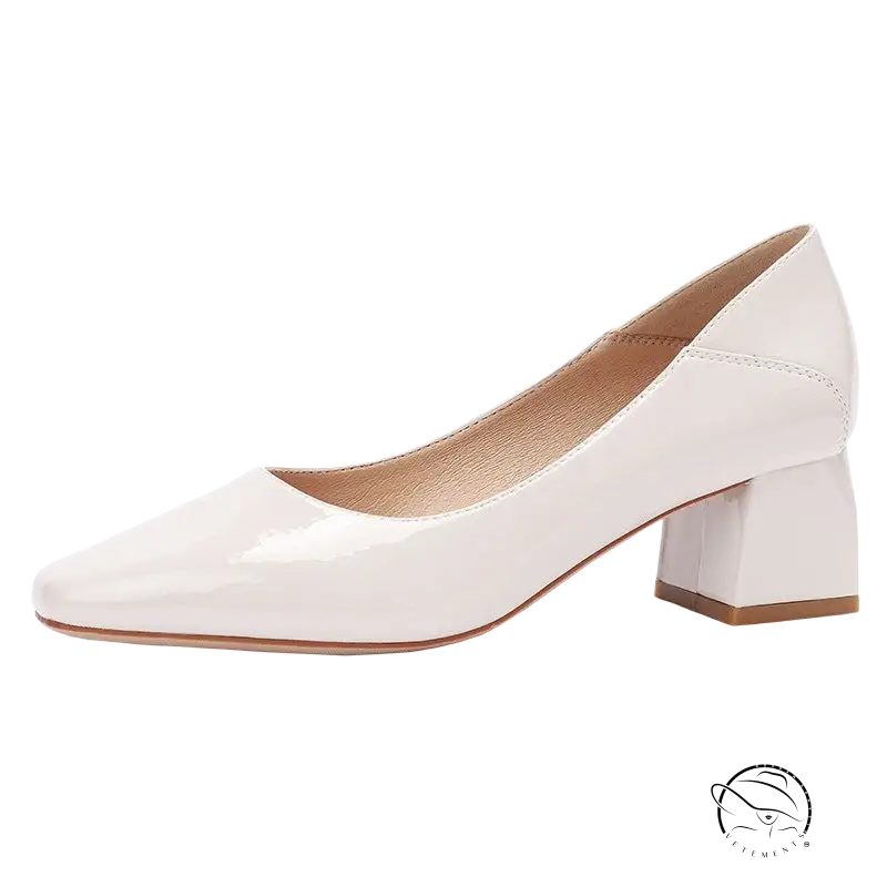 Gorgeous high heel leather white patent pump with low block heel