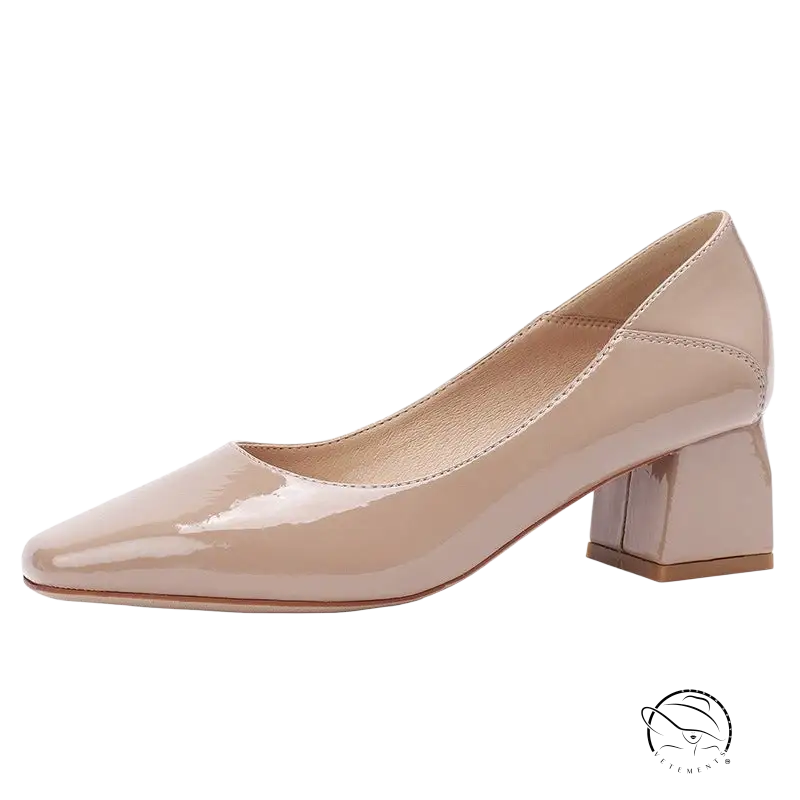 Gorgeous high heel leather nude patent pump with low block heel