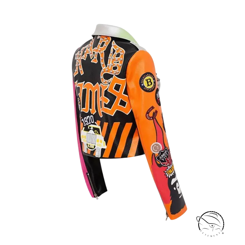 Colorful patterned leather coat graffiti for motorcycle enthusiasts featuring graffiti printing jacket design