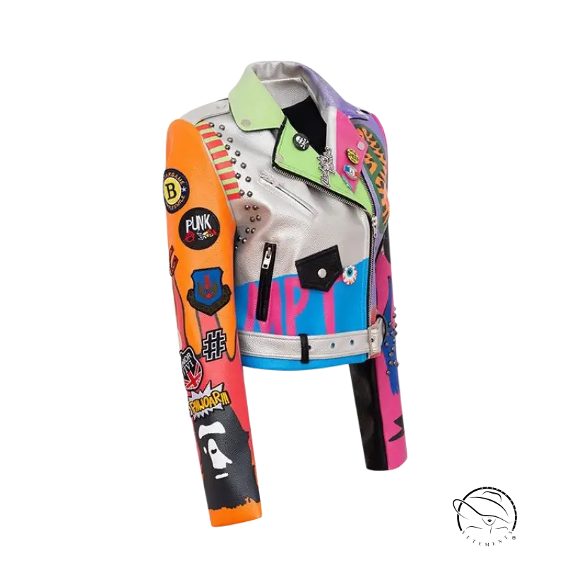Colorful punk-style leather jacket showcasing graffiti printing motorcycle design