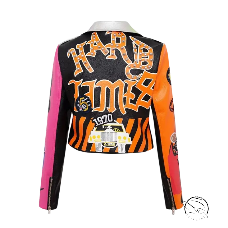 Colorful Hard Times graffiti printing jacket on motorcycle leather coat graffiti design
