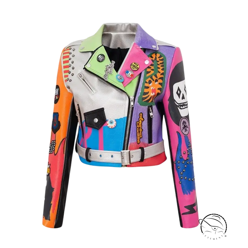 Colorful patterned leather coat graffiti on Graffiti Printing Motorcycle Jacket with Faux Leather Design
