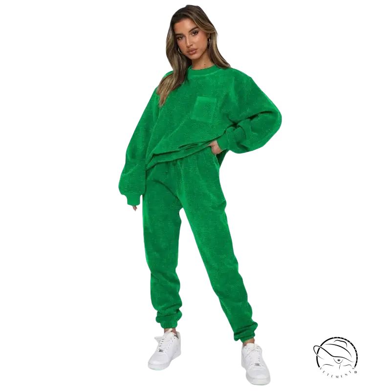Green army green smart trousers set with plush sweatsuit and front pocket