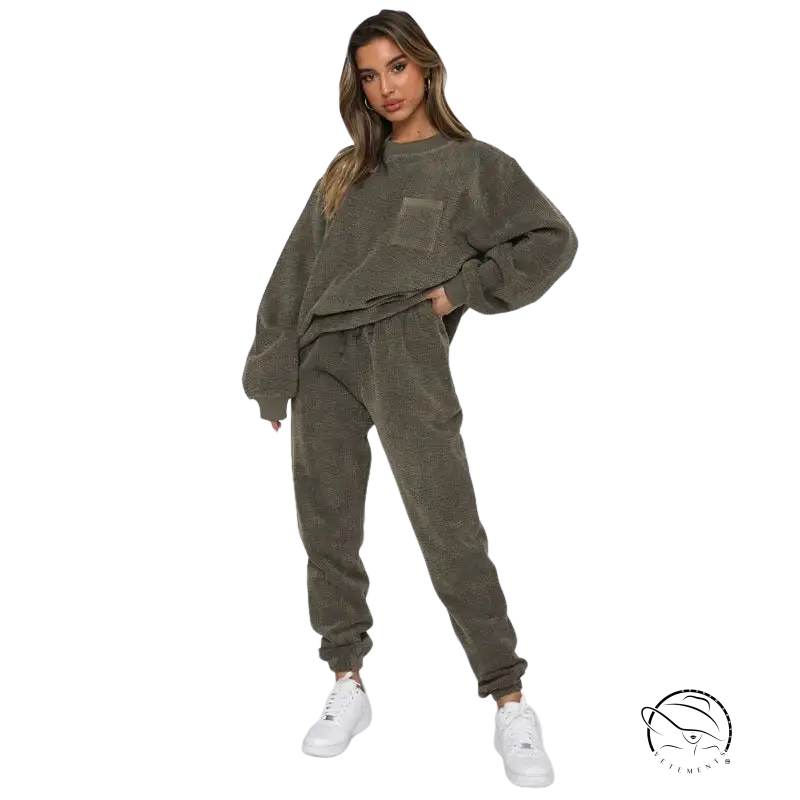 Olive green textured knit smart trousers set with joggers and front pocket