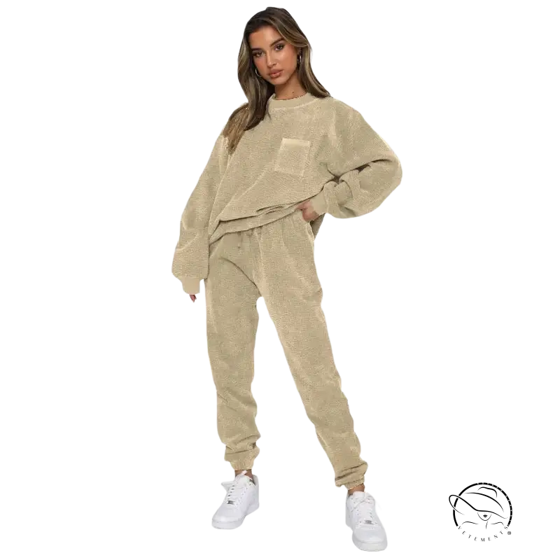 Beige plush smart trousers set with cozy textured fabric and joggers