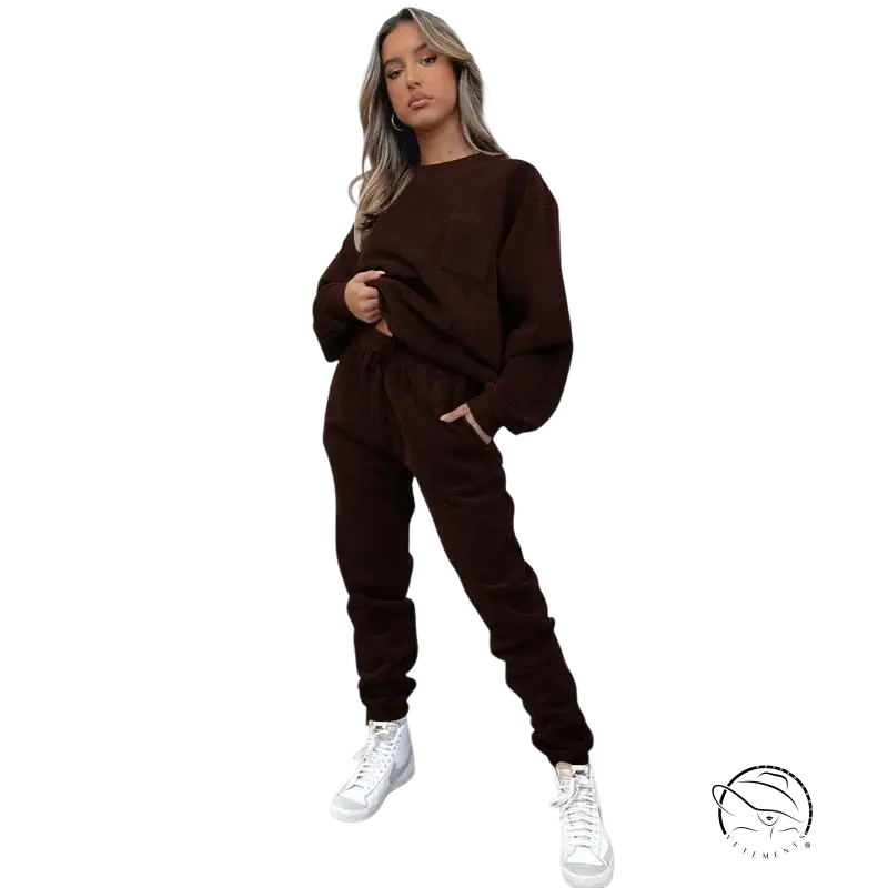 Brown oversized knit sweatsuit in gray army green smart trousers set