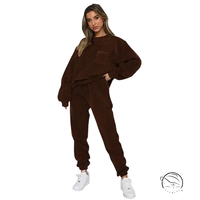 Brown velour smart trousers set with front pocket and elastic cuffs