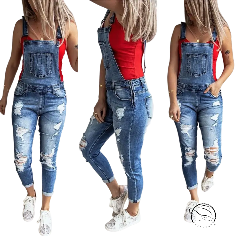 Hanna stretch denim high rise overall trousers with red top