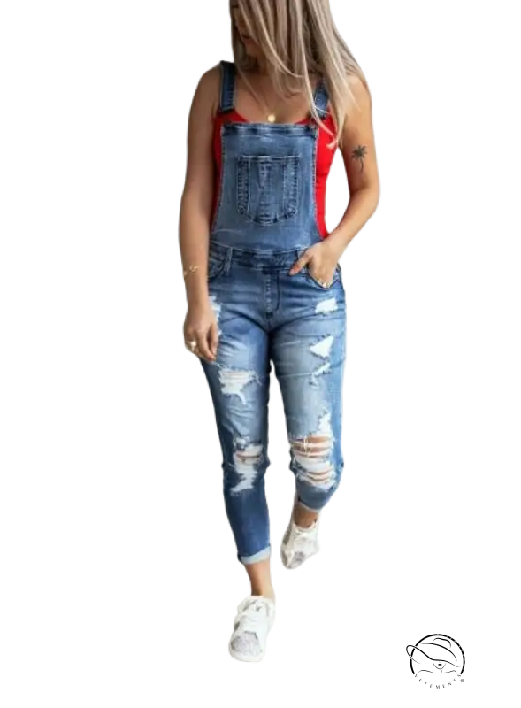 Hanna stretch denim high-rise overall trousers in light wash with red tank top