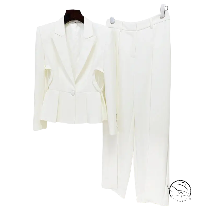 Heart shaped slim fit elegant white women’s pantsuit blazer and trousers