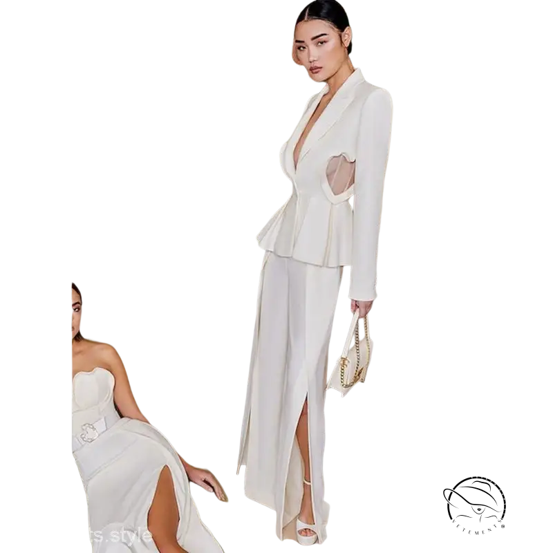 Woman in heart shaped slim fit elegant white peplum suit with cutouts