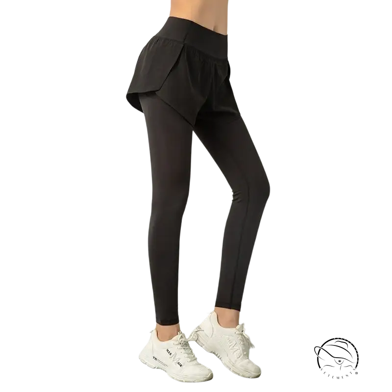 Black high-rise faux two piece sport blend tights with skirt