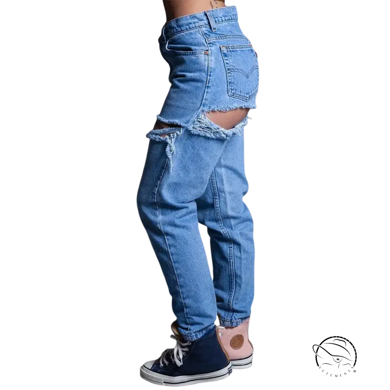 Distressed high waist loose jeans with ripped knees and frayed edges