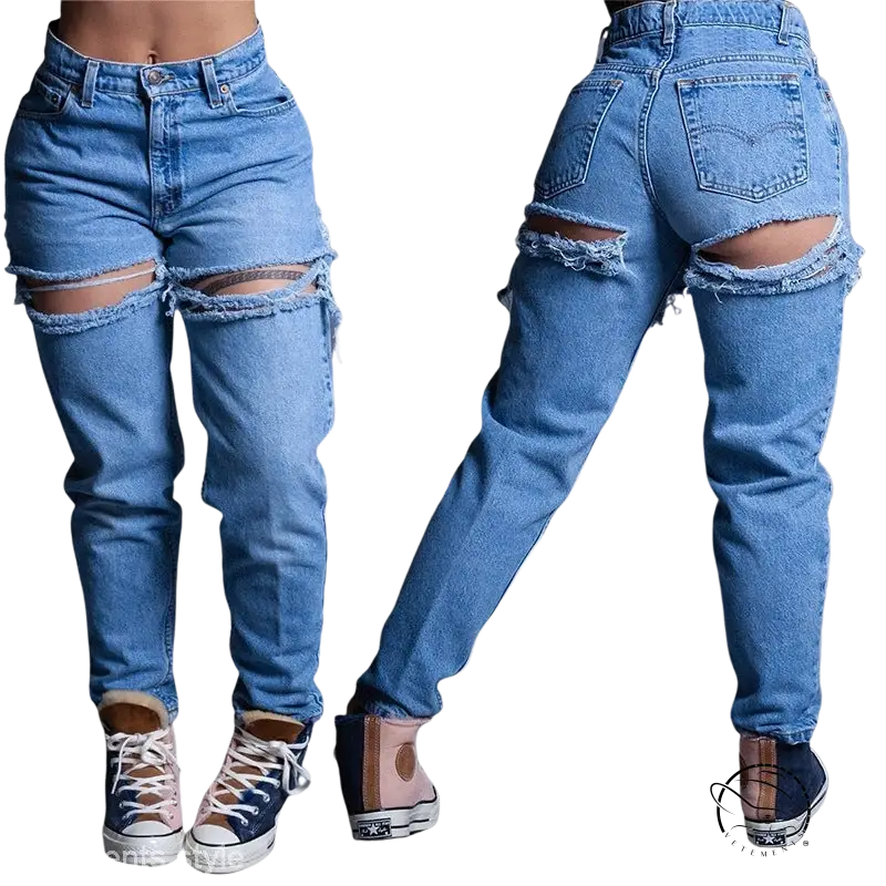 Distressed high waist loose jeans with ripped knees and frayed edges