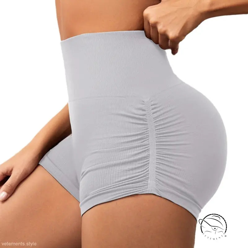 Gray high-waisted peach hip fitness pants with sporty slim ruched design