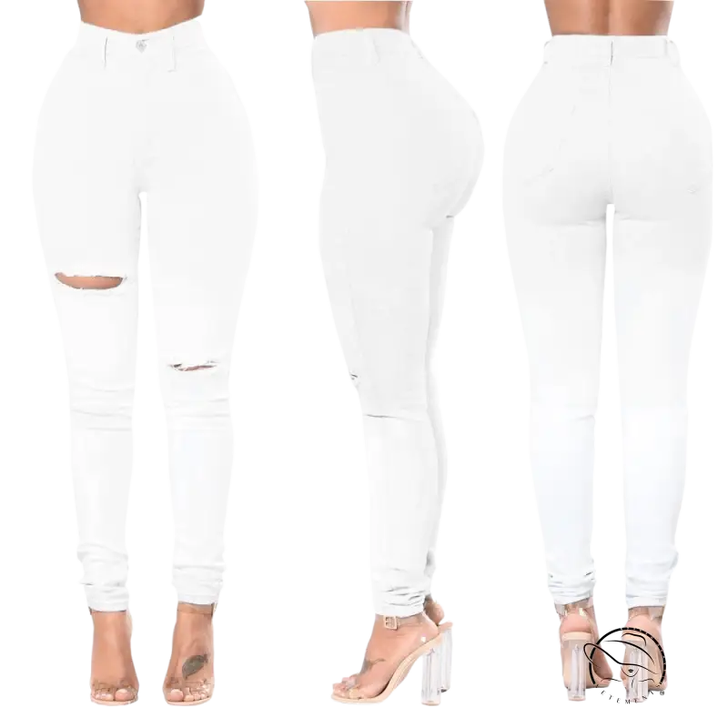 High waist white snowflake ripped jeans with casual cotton design