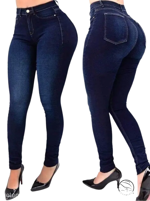 Dark blue high waist stretch slim fit skinny denim pants with pockets