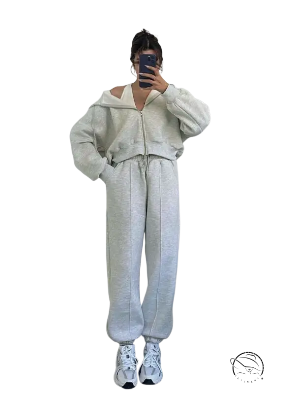 Cozy hooded cardigan sweater set in off-white with zipper and pockets