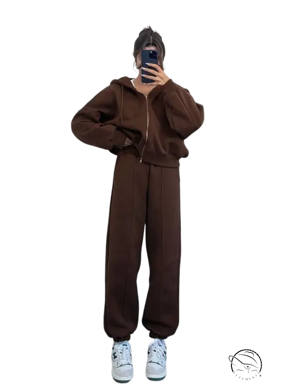 Brown hooded cardigan sweater set with joggers and pockets