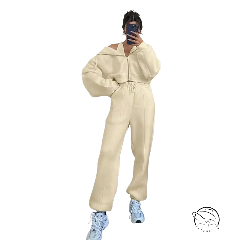 Cream-colored hooded cardigan sweater set with joggers and pockets