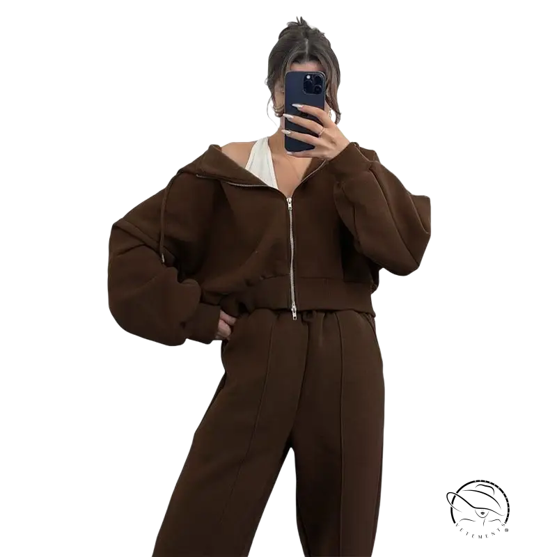 Brown hooded cardigan sweater set with zipper, pockets, wide sleeves