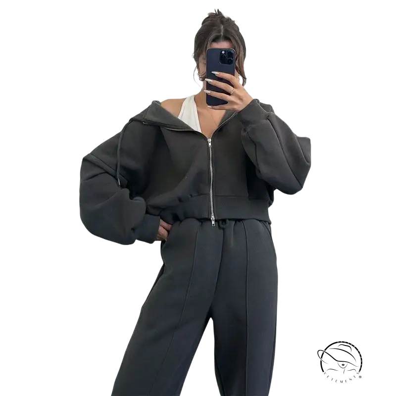 Black hooded cardigan sweater set with wide-leg pants