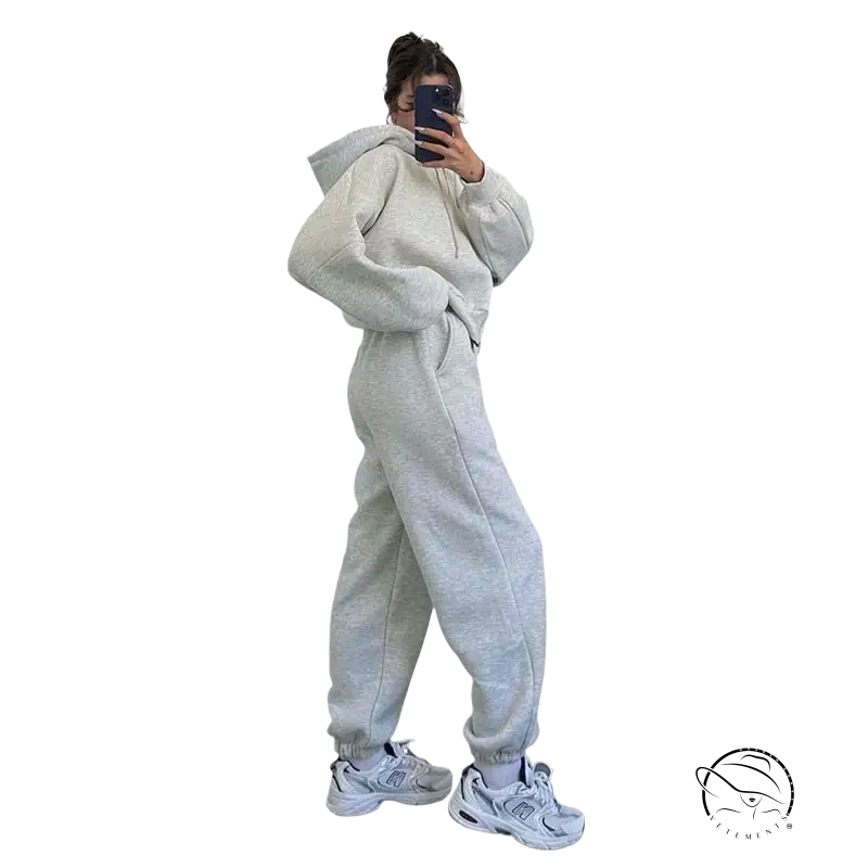 Cozy hooded cardigan sweater set in heather gray with pockets