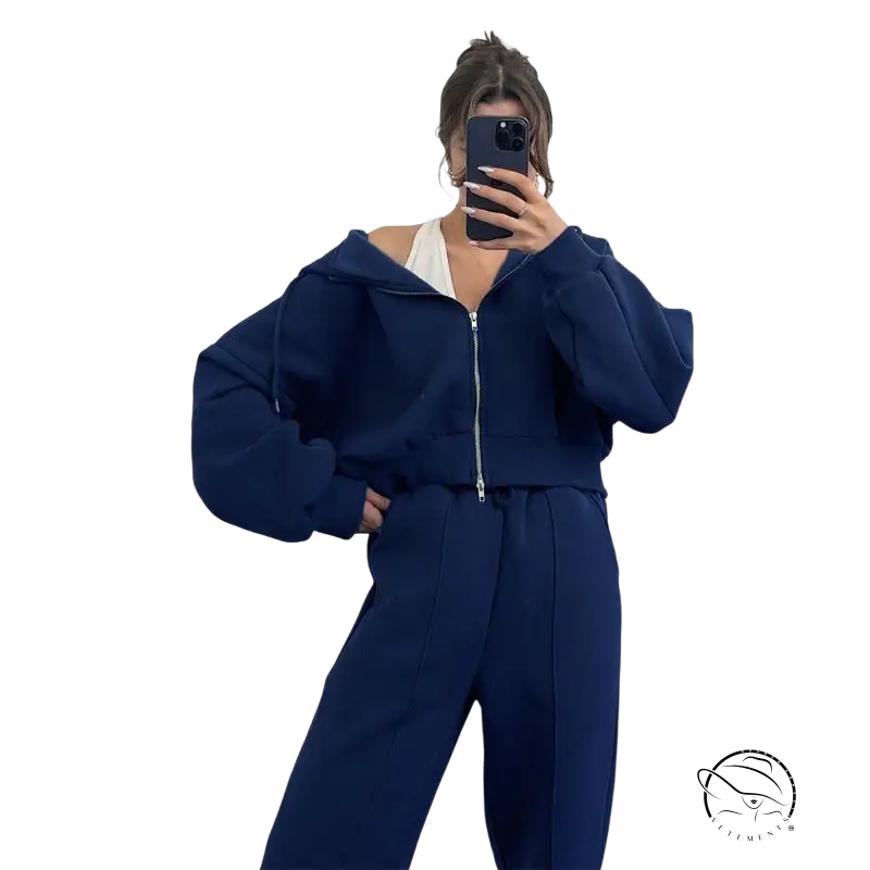 Navy blue hooded cardigan sweater set with zipper and pockets