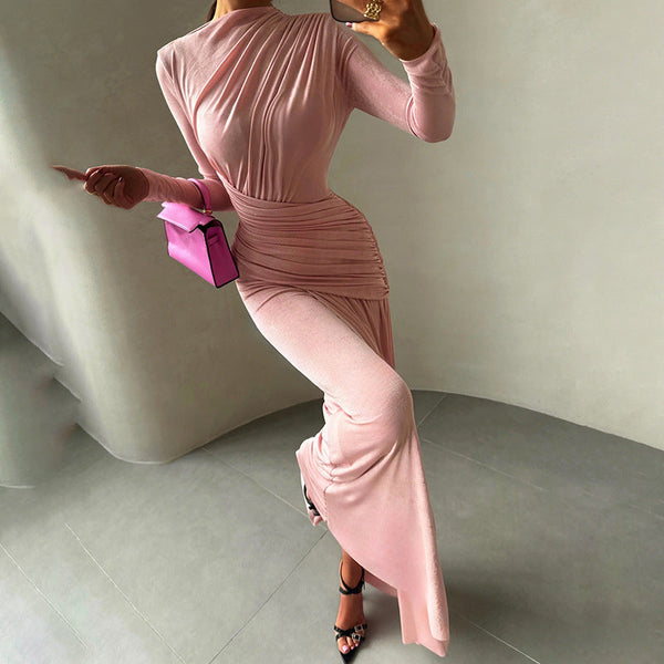 Chic Winter Maxi Dress in blush pink ruched fashion with high slit and long sleeves