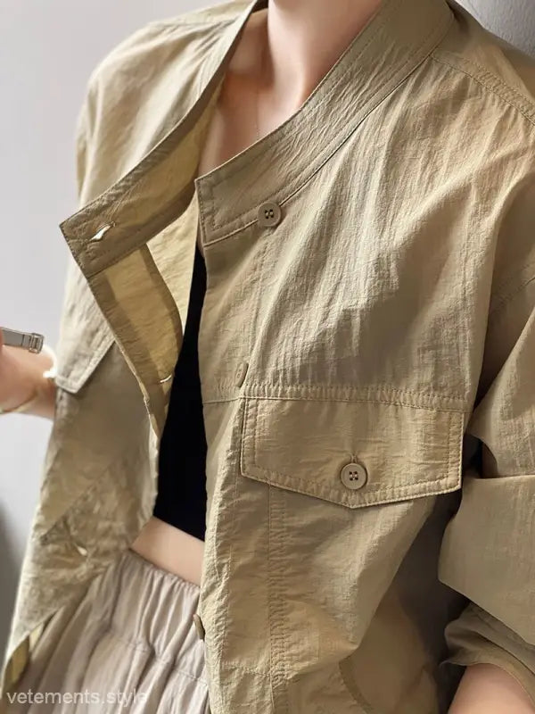 Tan collared button-up jacket from Khaki Green Casual Polyester Shirt with free shipping