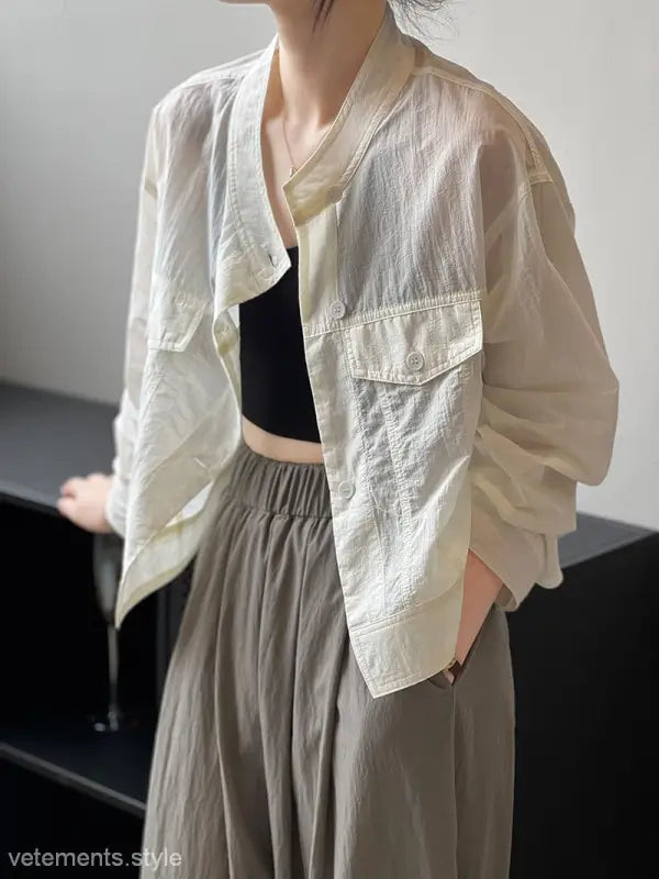 Sheer off-white summer cardigan short jacket, khaki green casual polyester shirt, free shipping