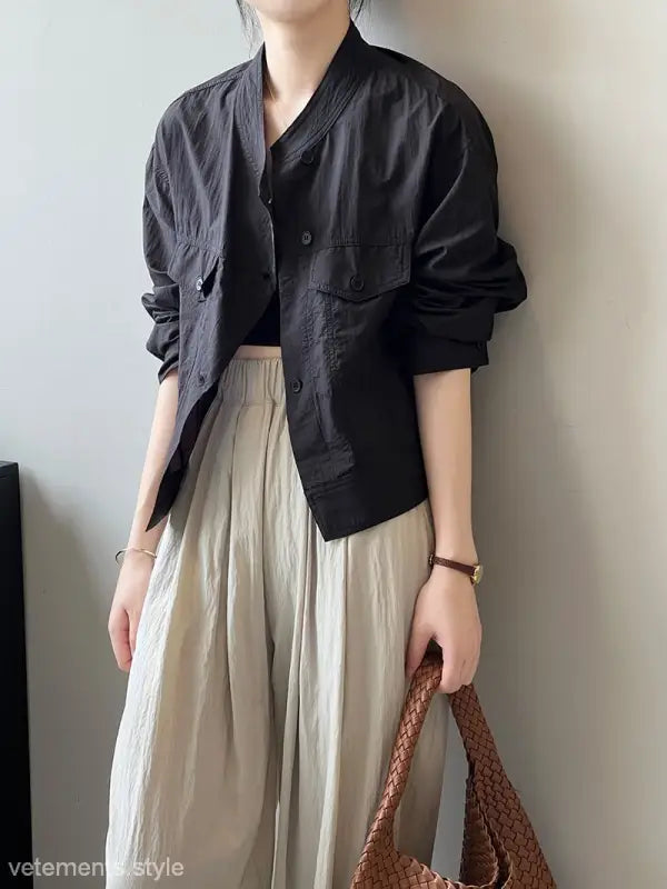 Black button-down jacket; khaki green casual polyester shirt with free shipping option