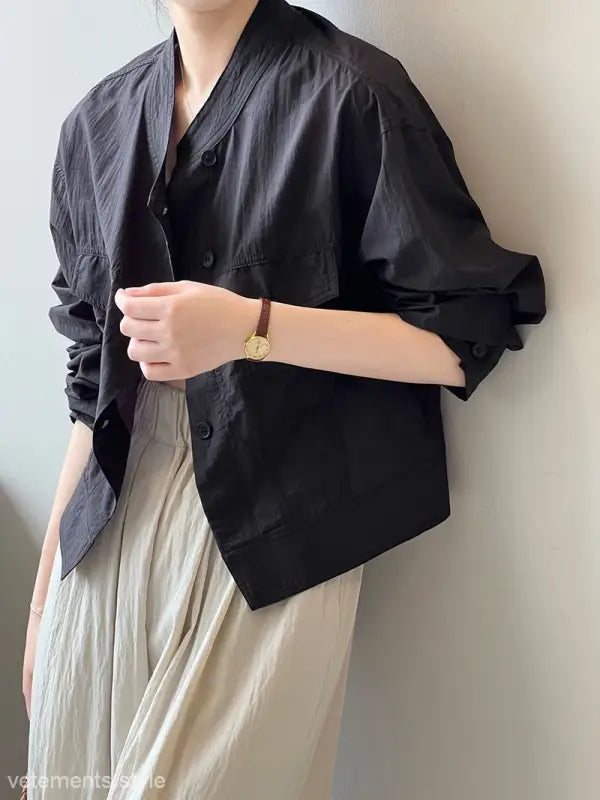 Black button-down shirt displayed in Khaki Green Casual Polyester Shirt with free shipping