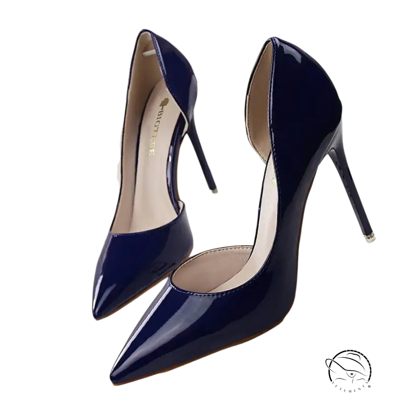 Navy blue patent leather hollow high heels sexy pointed toe stiletto