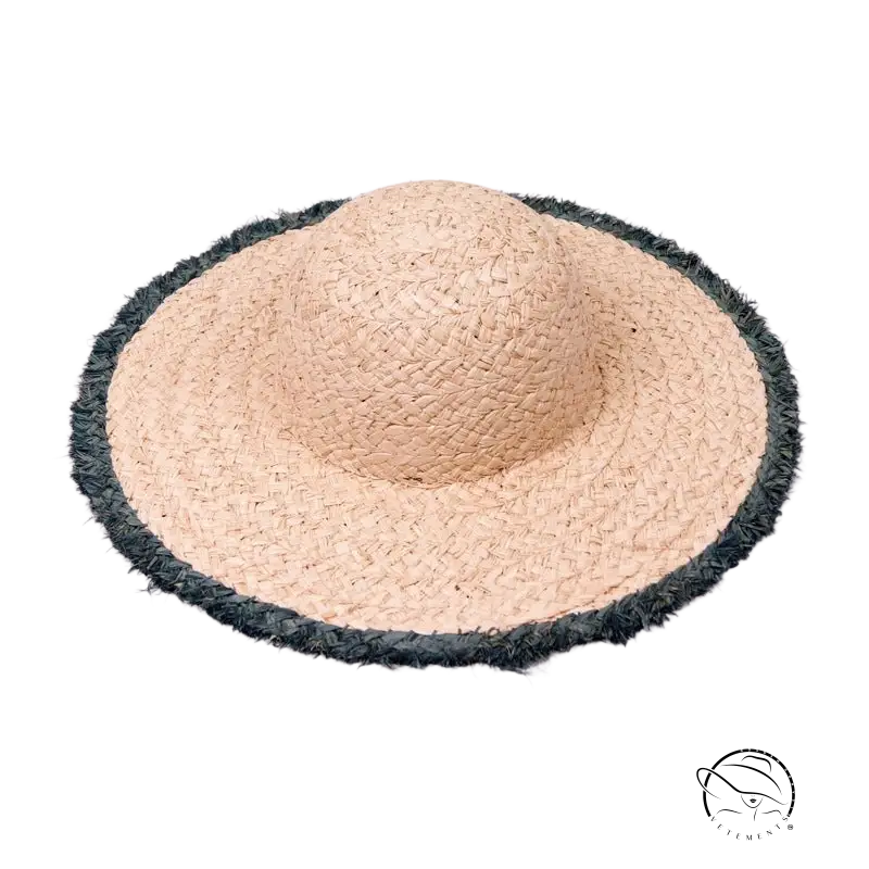 Lack of Color beige straw broad brimmed hat with dark green frayed trim