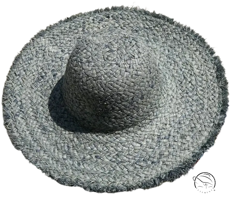 Gray woven straw broad brimmed hat with frayed edge and beige ribbon band