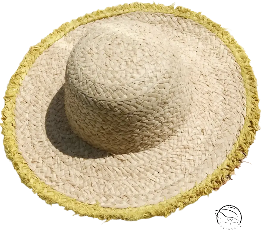Lack Of Color broad brimmed beige woven straw sun hat with frayed yellow trim