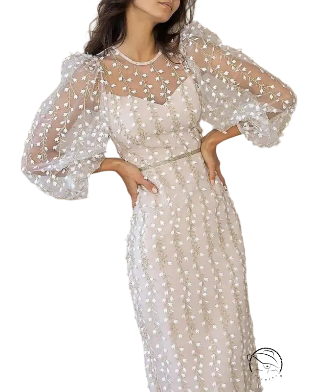 Lady Temperamental embroidered floral midi A-line party dress with sheer sleeves