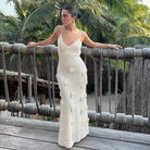 Cream-colored floral-appliqued backless bodycon maxi dress for summer parties