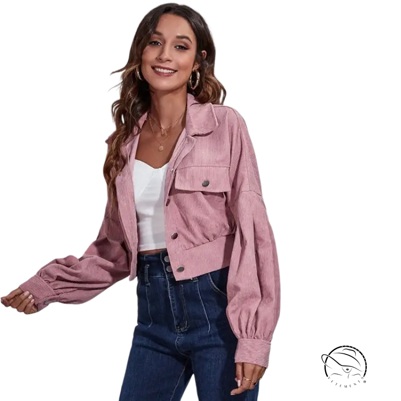 Pink lantern sleeve corduroy jacket with balloon sleeves and short closure