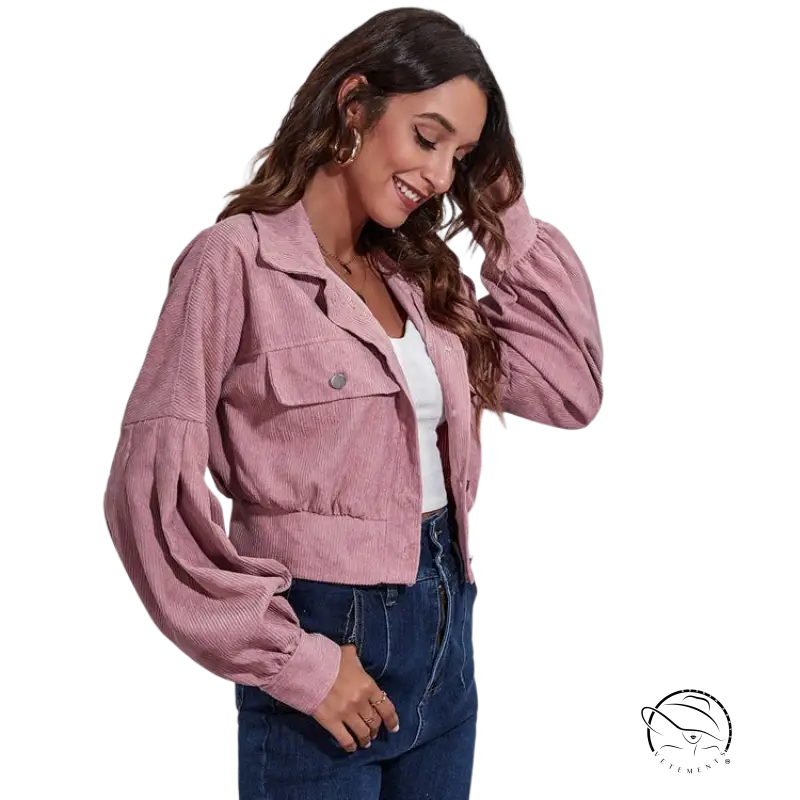 Pink lantern sleeve corduroy jacket with puffed sleeves and pockets