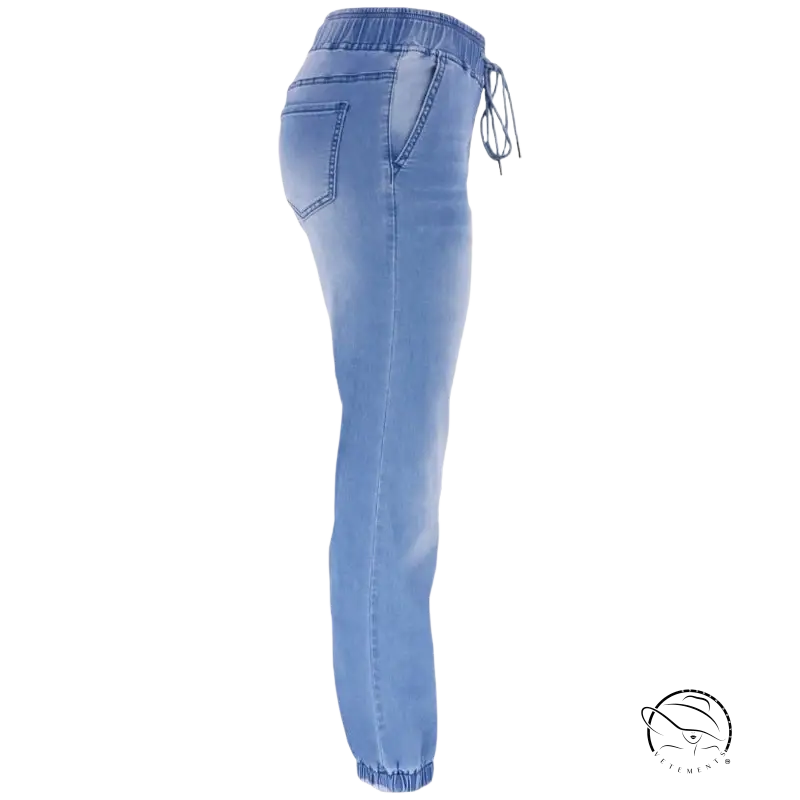 Light blue office denim joggers with elastic waist and drawstring