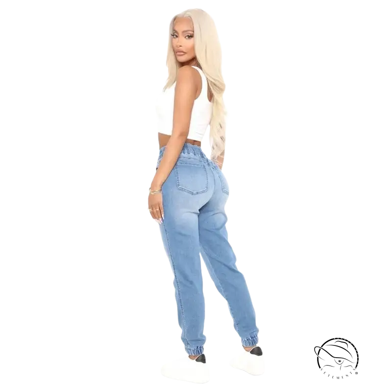 Women’s light blue office denim joggers with high elasticized waistband