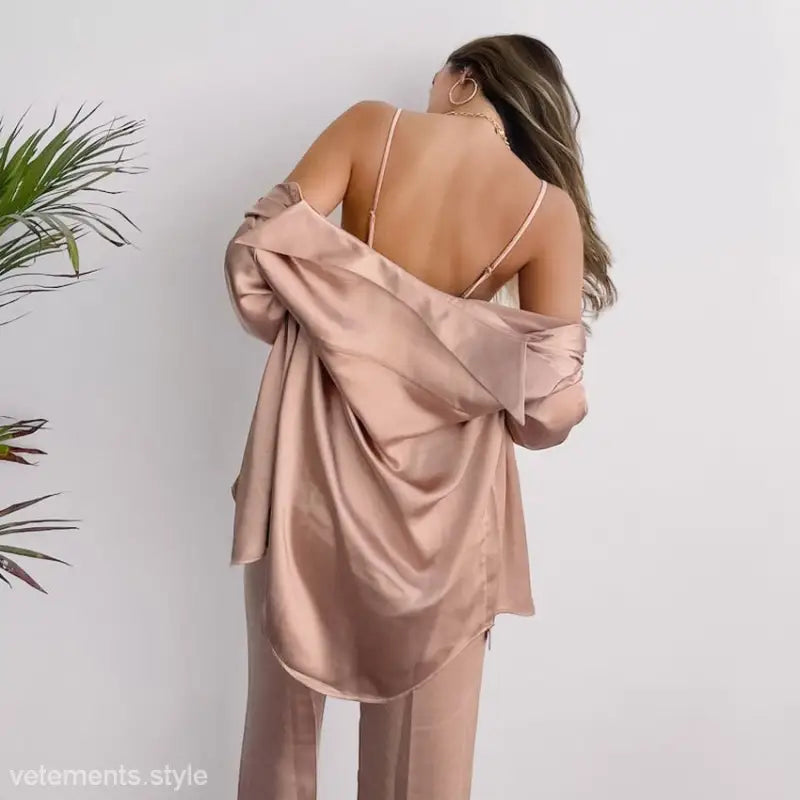 Light Brown Three Piece Pajamas featuring a collared shirt and long pants set